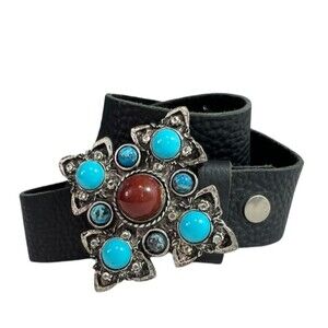Vintage Leatherock Black Leather Belt w/ Ornate Buckle Cabochons & Crystals M/L